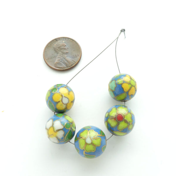 Cloisonne, Vintage Round, Medium Blue 12mm "Flower Power" Style, Sold Individually