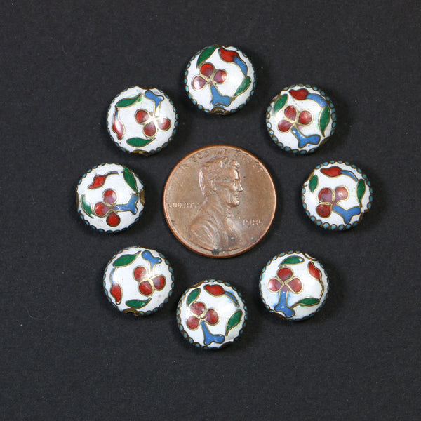 Cloisonne, Vintage Coin Shape 12mm Diameter, White with Cherries?, Sold Individually