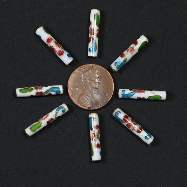 Cloisonne, Vintage Cylinder Beads 18x4mm, White with Cherries, Sold in Sets of 4