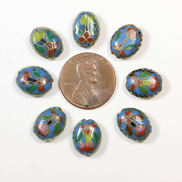 Cloisonne, Vintage Lozenge, Turquoise with Red Flower, 12x10mm, Sold in Sets of 4