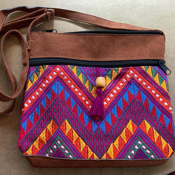 Cross Body ChiChi Tassel Bag, Vegan Leather with Embroidered Panel, 8.5 x 9.5 inches