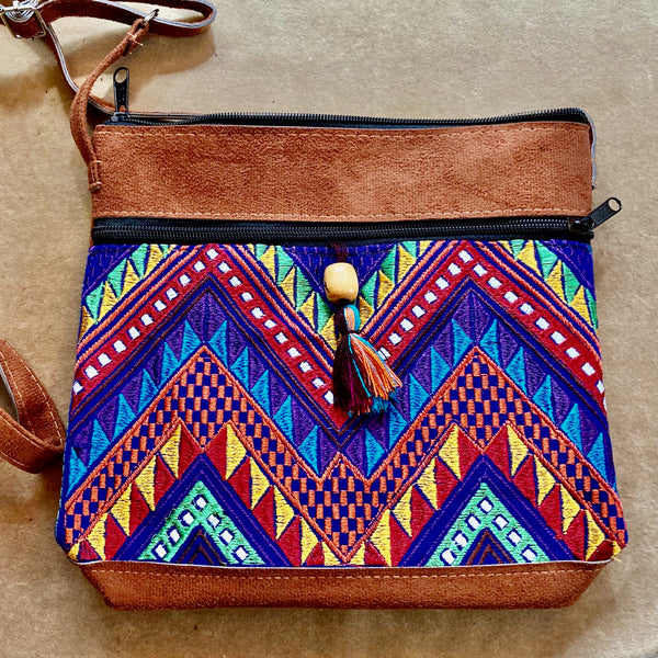Cross Body ChiChi Tassel Bag, Vegan Leather with Embroidered Panel, 8.5 x 9.5 inches