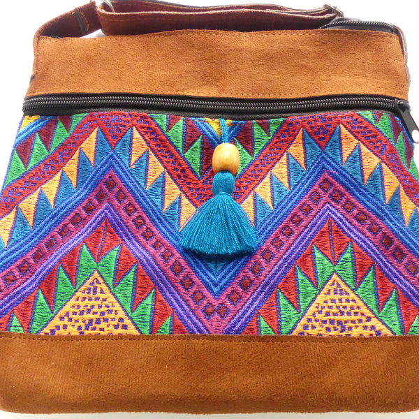 Cross Body ChiChi Tassel Bag, Vegan Leather with Embroidered Panel, 8.5 x 9.5 inches
