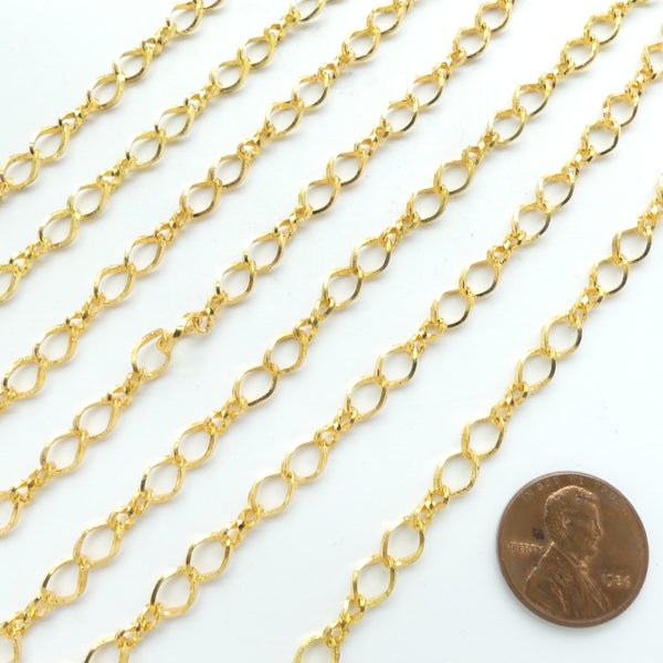 Chain, Gold Plated, Twisted Flat Oval Curb, Links 8x5mm, Sold by the Foot