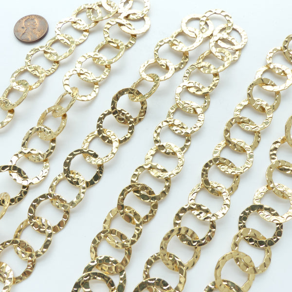 Chain, Gold Plated, Hammered Links, 18mm Diameter, Sold by the Foot