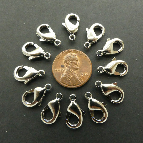 Clasp, Silver Tone Lobster, 15mm without Rings, Sold by the Dozen