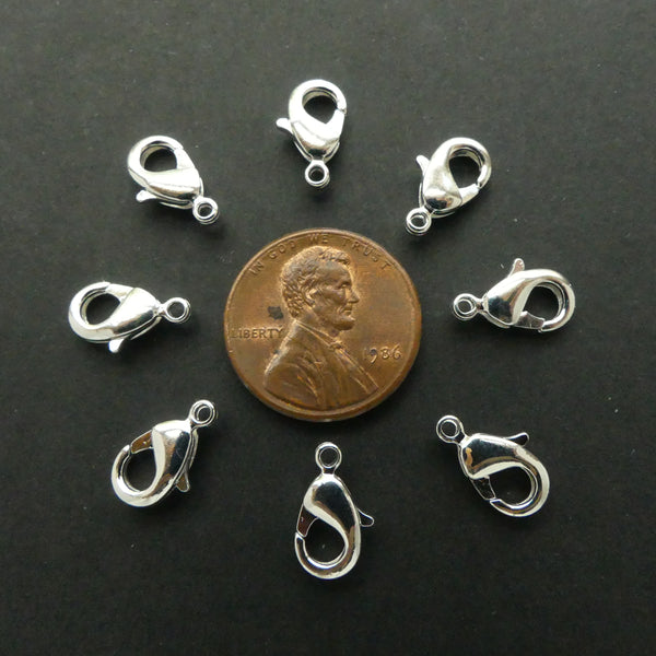 Clasp, Silver Plated Lobster, 12mm without Rings, Set of 4 Clasps