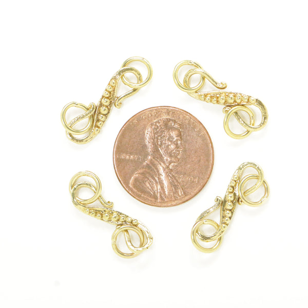 Clasp, Brass, S Hook, Small 24mm with Granulation, Sets of 4