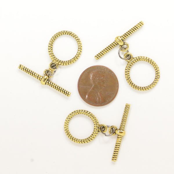 Clasp, Cast Gold-Tone, Toggle Medium 16m Ring Twisted Wire Look, Sold in Sets of 3