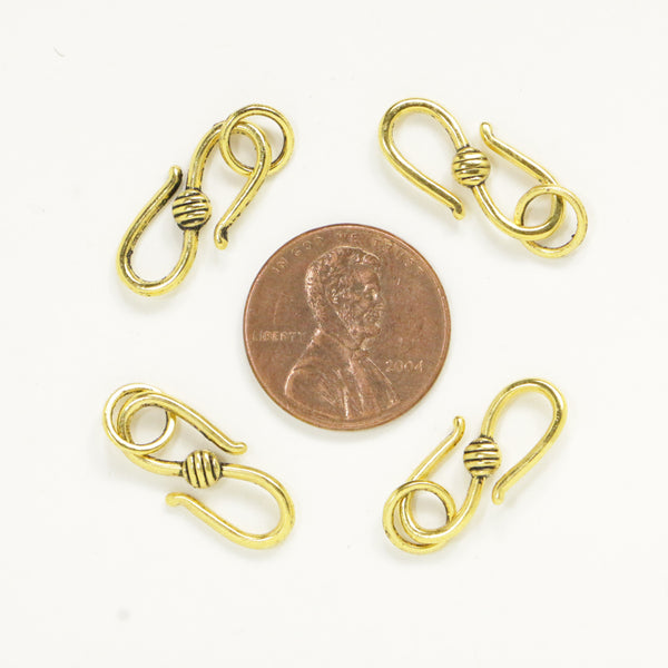 Clasp, Cast Gold-Tone, S Hook, Medium 25mm with 2 Rings, Sold in Sets of 4