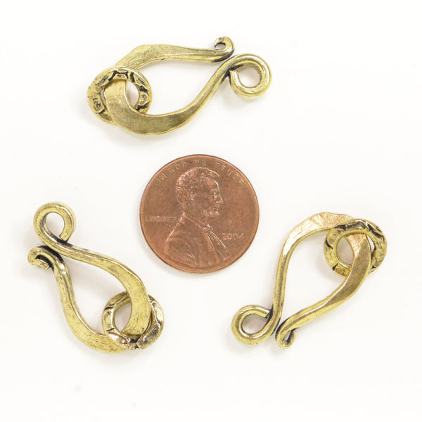 Clasp, Brass, J Hook, Hammered Large with Textured Ring, 30mm,  Sold Individually
