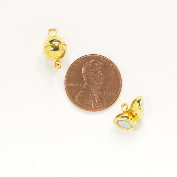 Clasps, Gold Plated Ball Shape Magnetic, 8mm Diameter, Sold in Sets of 2