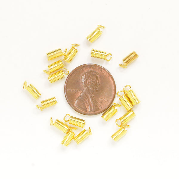 Coiled Cord Ends, Gold Tone, 6mm Long 1mm Inner Diameter, Sold in Sets of 12