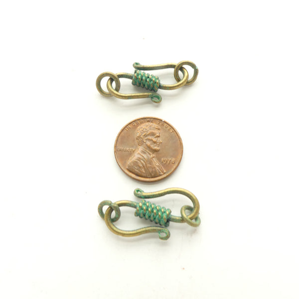 Clasp, Brass, S Hook, Medium with Green Patina, 30mm, Sold Individually