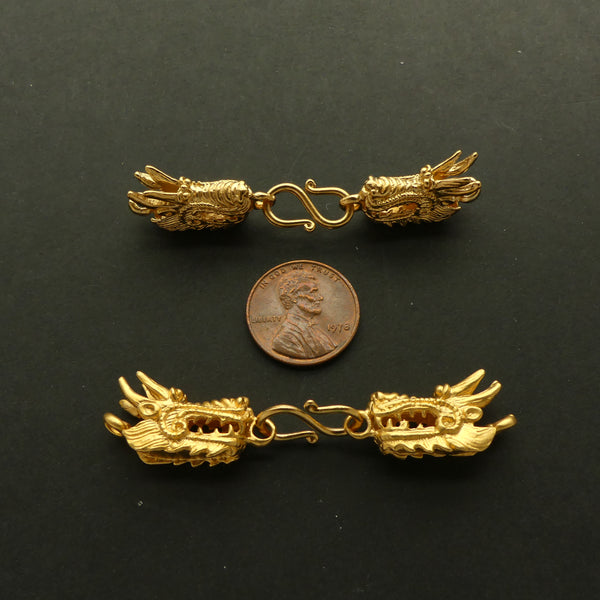 Clasp, Gold Vermeil, S Hook with 2 Dragons, 60mm, Sold Individually