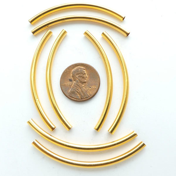 Curved Tubes, Bright Gold Plated, 50mm Long by 3mm Outer Diameter, Sold in Sets of 8
