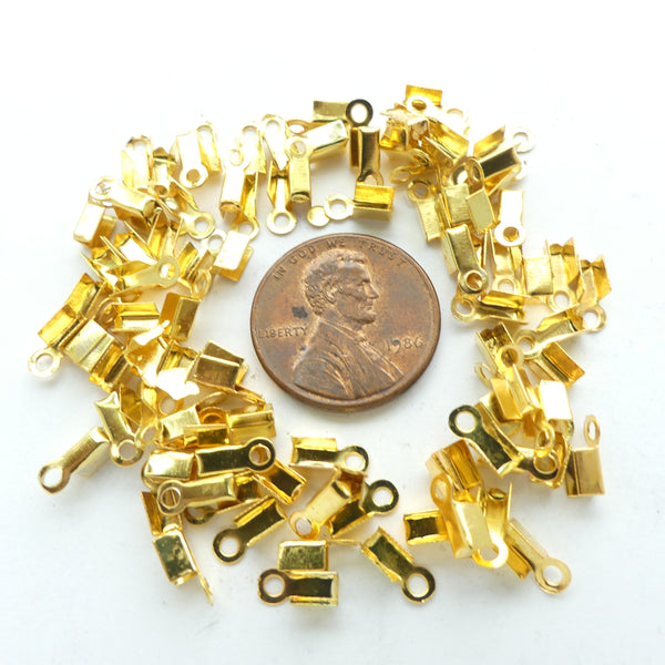 Fold Over Cord Crimps, Gold Tine, 4mm Long, Best for 1mm Cord, Set of 100 pieces