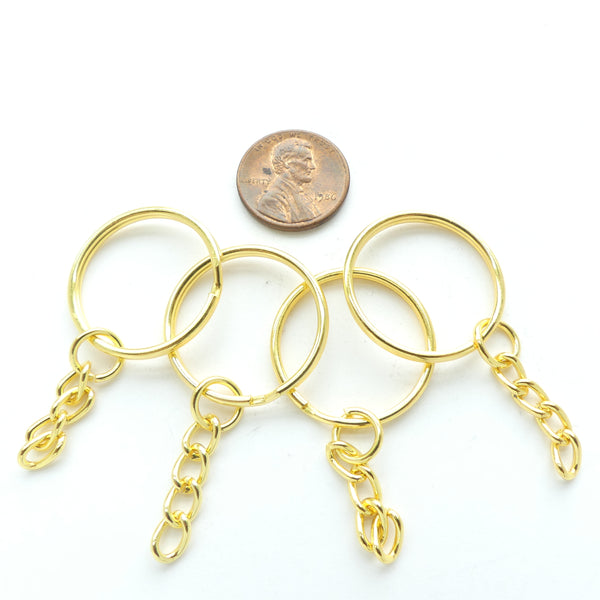 Split Ring Key Ring with Removable 1 Inch of Chain, Gold Tone, 25mm Diameter, Set of 4