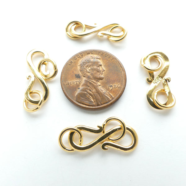 Clasps, Vermeil (Gold over Silver) Small S-Hooks, 22mm with Both Rings, Sold Individually