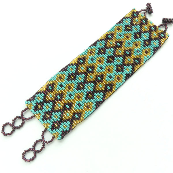 Wide Bead-Woven Bracelets, Silver-Lined Gold with Turquoise & Amethyst, 2 inches wide