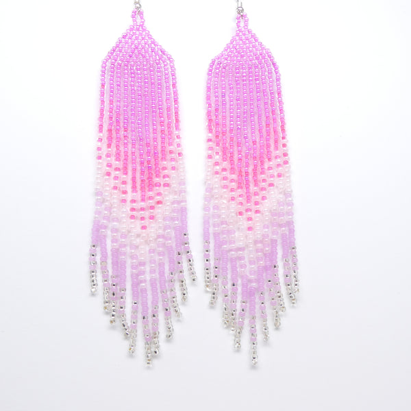 Extra Long Fringe Earrings, Pretty in Pink & Pearl, 5 inches long
