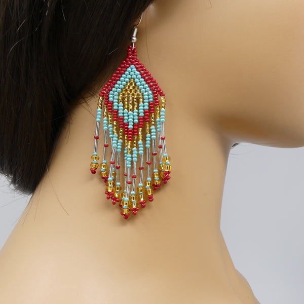 Large Triangle Fringe Earrings, Red, Turquoise & Gold Seed Beads, 4 inches long with wires