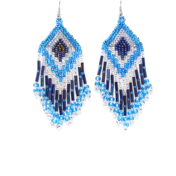 Large Triangle Finge Earrings, Black, Silver & Aqua Seed Beads, 4 inches long with earwires