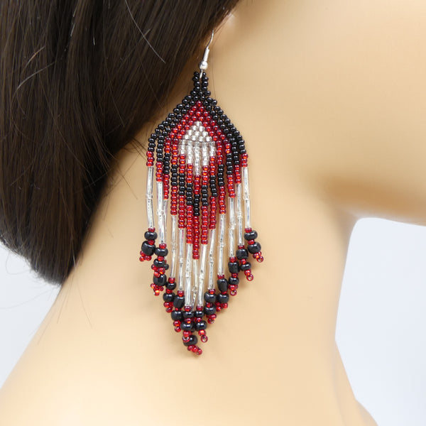 Large Triangle Fringe Earrings, Turquoise, Red & Gold Seed Beads, 4 inches long with earwires