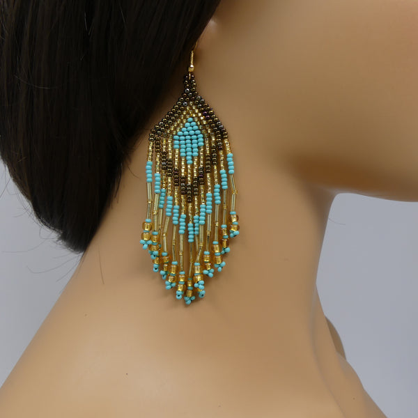 Large Triangle Fringe Earrings, Gold, Bronze & Turquoise Seed Beads, 4 inches long