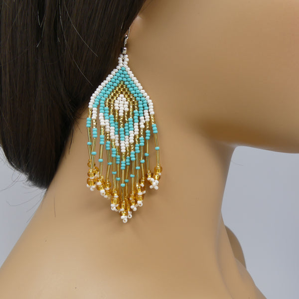 Large Triangle Fringe Earrings, Turquoise, White & Gold Seed Beads, 4 inches long with wires