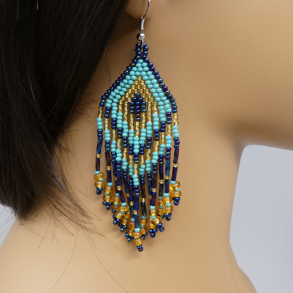 Large Triangle Fringe Earrings, Turquoise, Blue Iris & Silver Seed Beads, 4 inches long