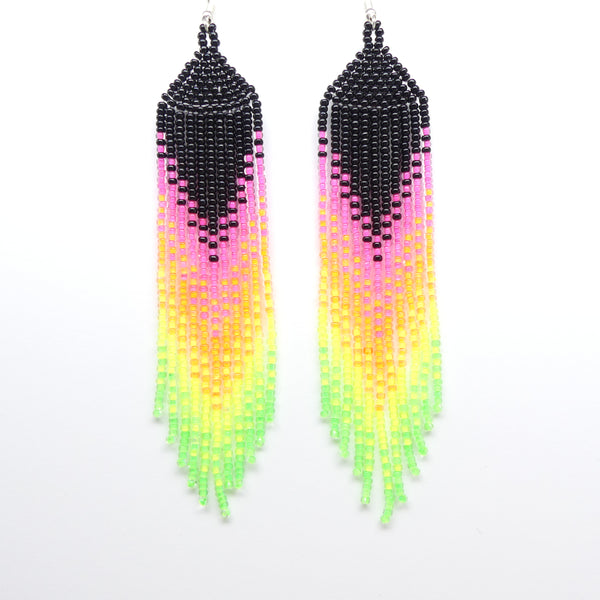 Extra Long Fringe Earrings, Midnight with Day Glow Colors, 5 inches long
