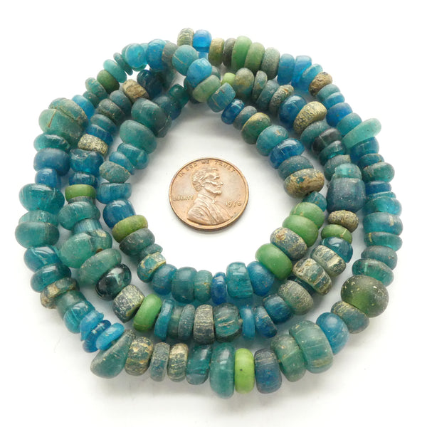 Antique, Indo-Pacific Beads from Africa, Deep Aqua, Excellent Condition, 24-inch strand