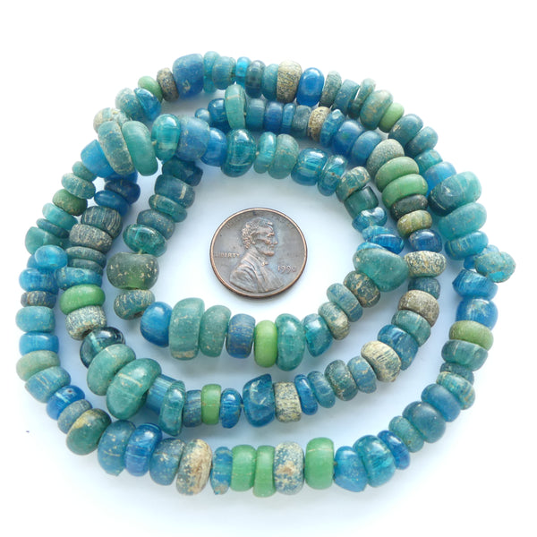 Antique, Indo-Pacific Beads from Africa, Deep Aqua, Excellent Condition, 24-inch strand