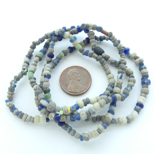 Ancient, Indo-Pacific Beads from North Africa, Grey Coated 2-4mm on 28-inch Strand
