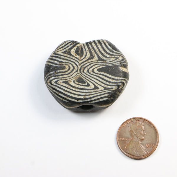 Ancient Tabular Folded Glass Bead, Islamic Period, Black & White, 31x36mm
