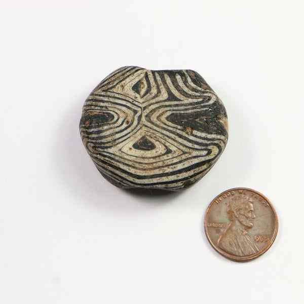 Ancient Tabular Folded Glass Bead, Islamic Period, Black & White, 31x36mm