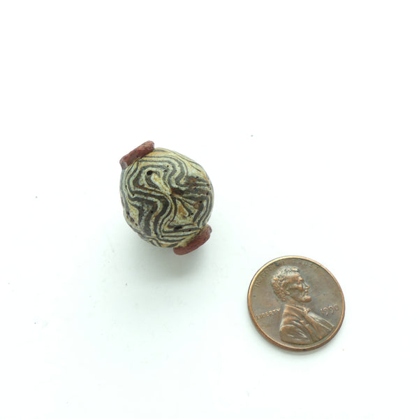 Ancient Folded Bead, Round Black & White with Red Collar, Islamic Period, 22x18mm