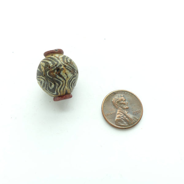 Ancient Folded Bead, Round Black & White with Red Collar, Islamic Period, 22x18mm