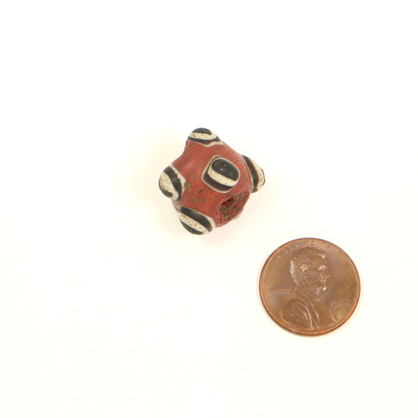 Ancient Islamic Horned Eye Bead, Round Red, White and Black, 9x18mm