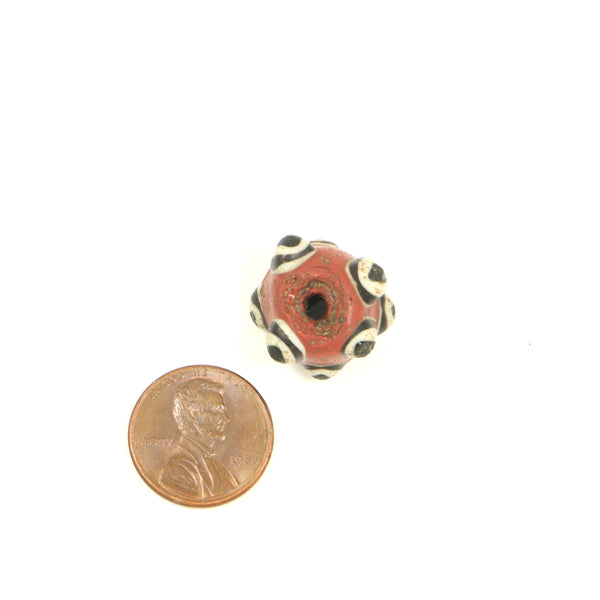 Ancient Islamic Horned Eye Bead, Round Red, White and Black, 9x18mm