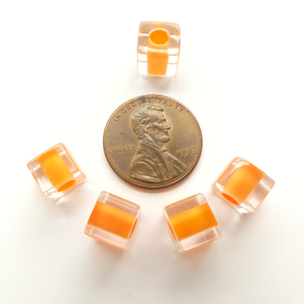 Ricky Bernstein, Cubes, Oragne Cased in Clear Glass, Sizes between 7-9mm, Sets of 5 Beads