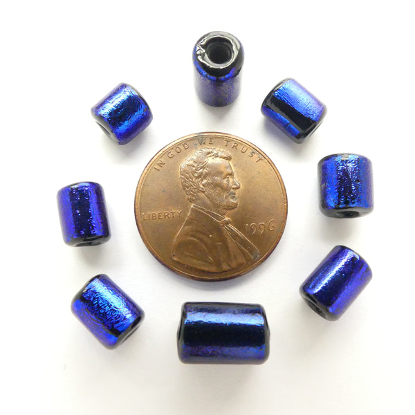 Dichroic Glass, Short Tubes Shimmering Cobalt Blue over Black, 7x6mm, Sold as Set of 8