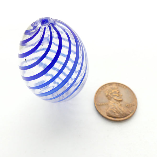 Contempo Murano Hollow Glass Beads, Oval Spiral Blue & Clear, 36x26mm