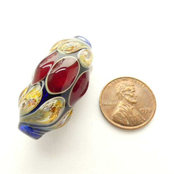 Tom Boylan, Mid-Career "Eye" Bead with Both Red and Gold Opal Eyes, 35x15mm