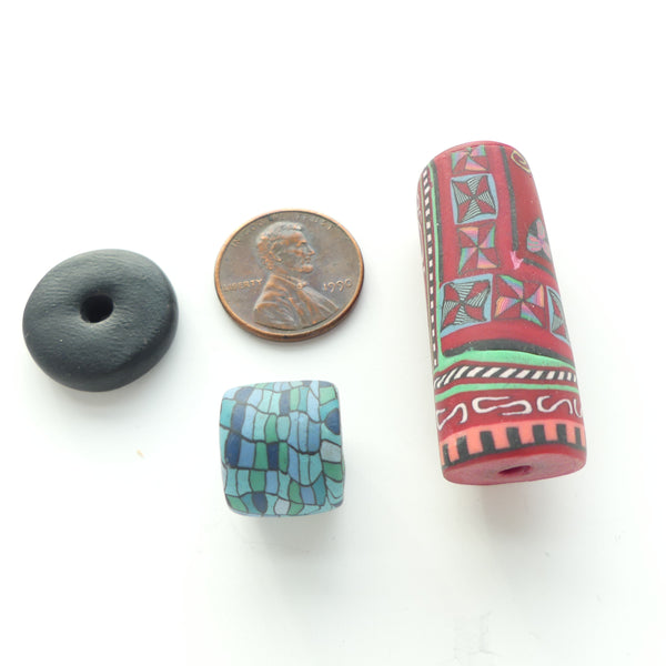 Kathleen Dustin Fimo Beads, Silk Roads Collection, Largest 36x15mm, Sold as set of 3