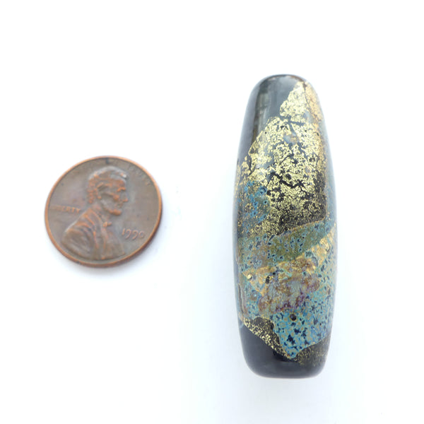 Rene Roberts Bead, Soft Ends Cylinder Shape, 43x15mm Silver & Other Metal Leaf on Black