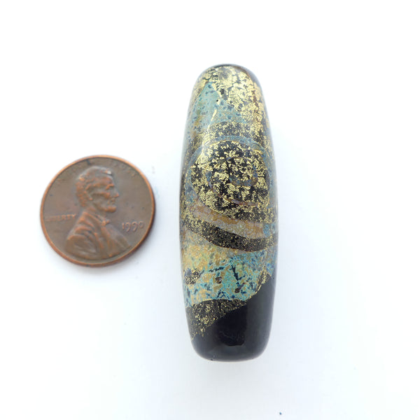 Rene Roberts Bead, Soft Ends Cylinder Shape, 43x15mm Silver & Other Metal Leaf on Black