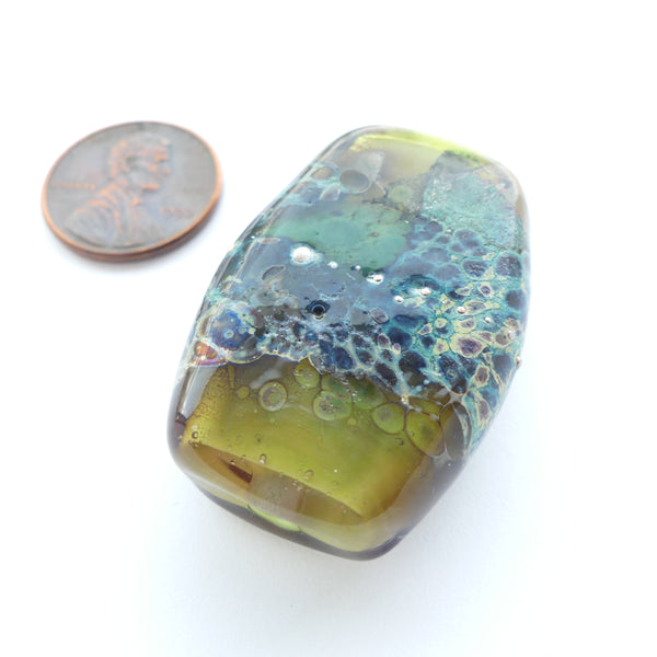 Large Tabular Bead, Mossy Olive and Turquoise with Silver, Artist Unknown, 35x26x11mm