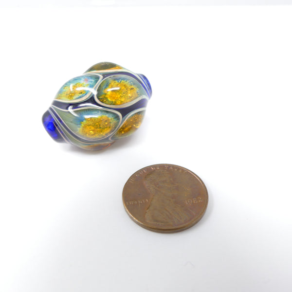 Tom Boylan Bead, Small, but Special with Blue and Gold "Eyes" 30x20mm